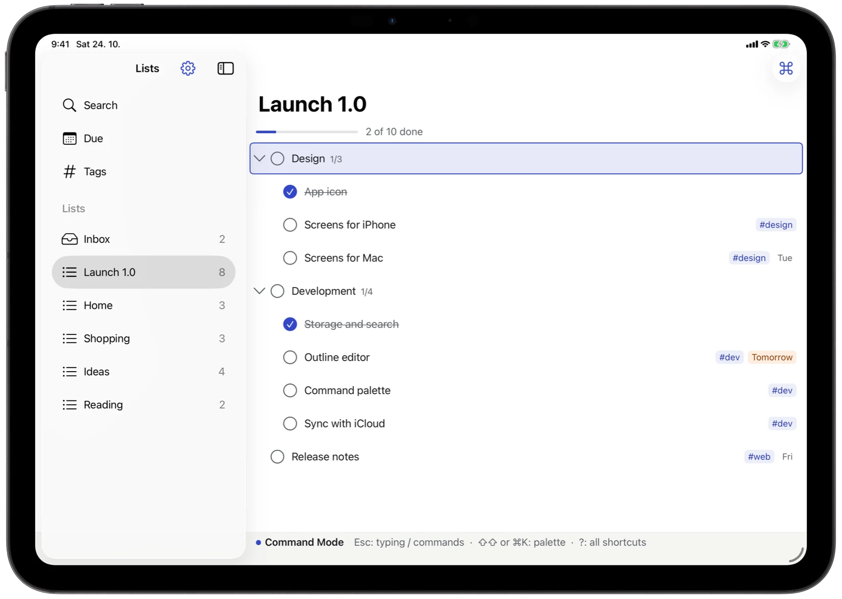 SilentList on iPad: the sidebar with places and lists, and an outline in command mode