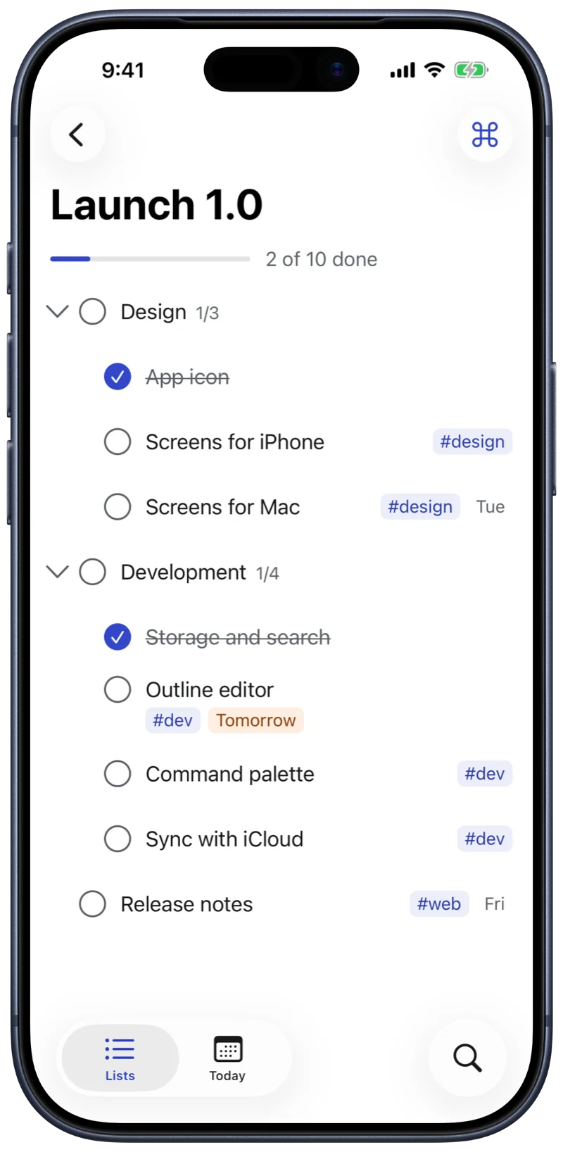 SilentList on iPhone: a list called Home with tasks due today and tags